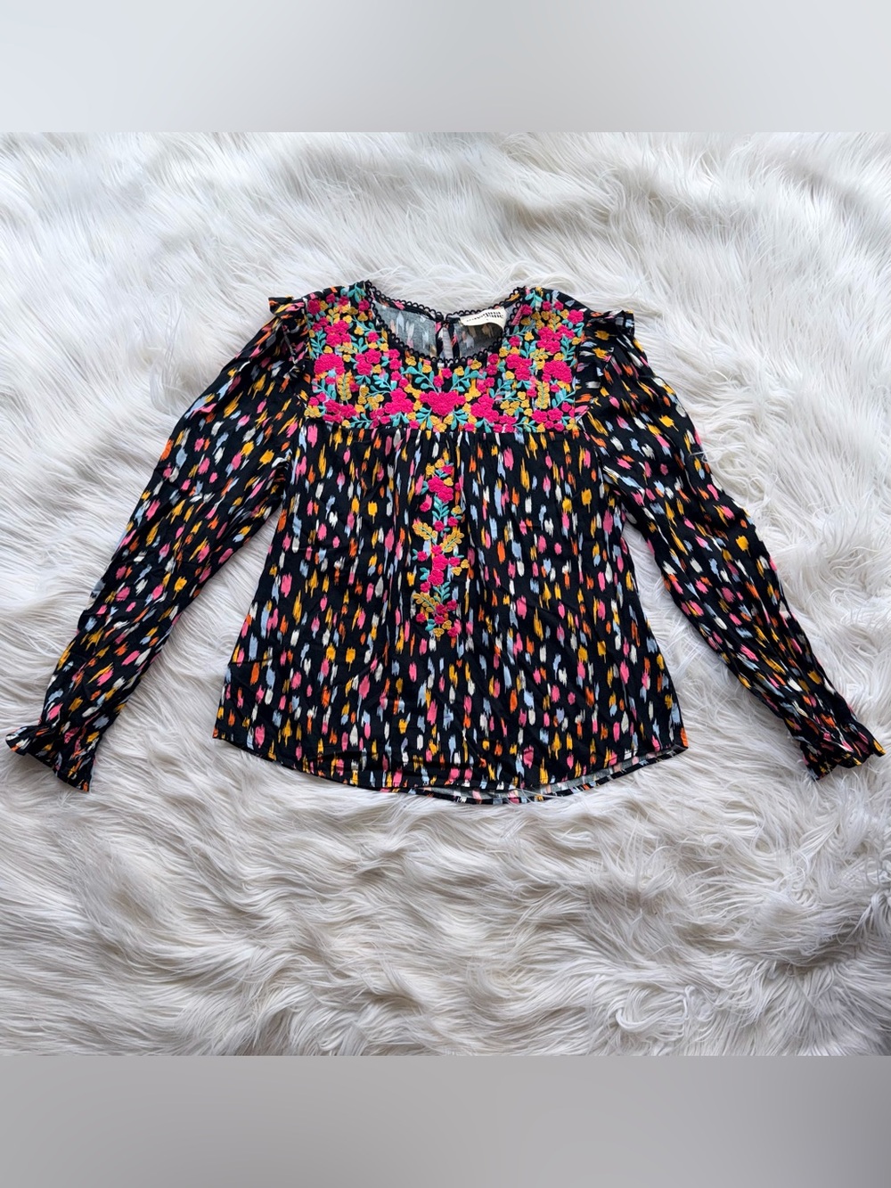Savanna Jane Black/Colorful Floral Embroidery Long Sleeve Blouse